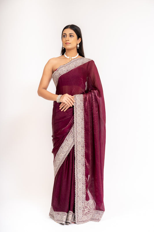Regal And Radiant Garnet Simmer Saree With Unstitched Blouse