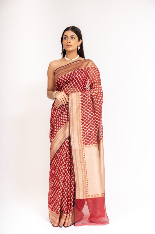 Regal And Radiant Garnet Cotton Saree With Unstitched Blouse