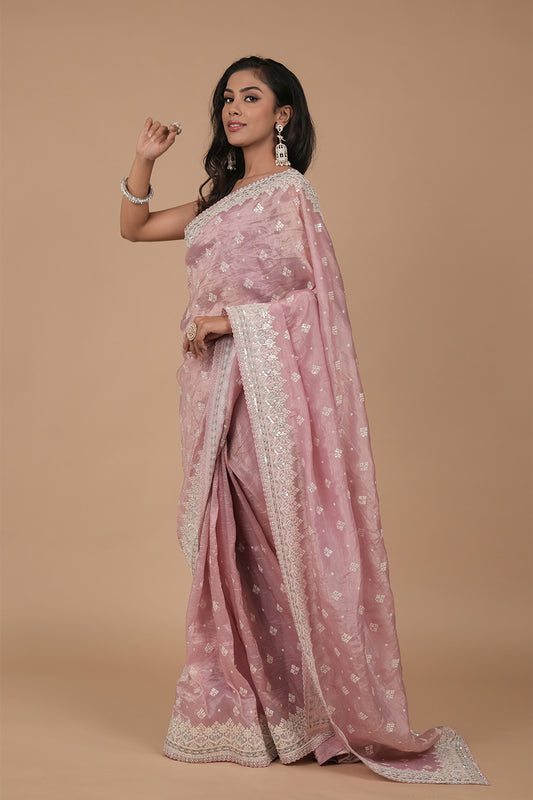 Gajari Sequence & Threadwork Embroidered Organza Saree With Unstitched Blouse