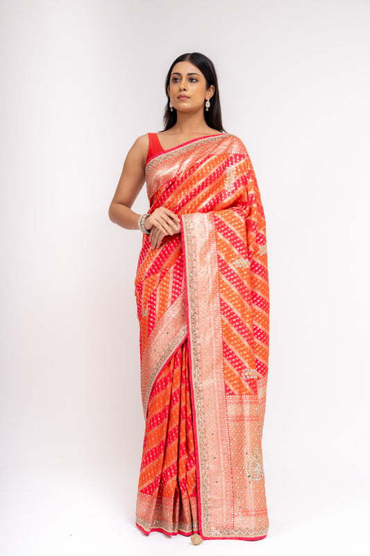Soft As A Sunrise Coral Banarasi Silk Saree With Unstitched Blouse