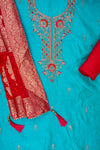 Tea-green Bead, Cutdana, Dabka, Sequence, Zarkan & Threadwork Cotton Unstitched Salwar Suit With Cotton Dupatta