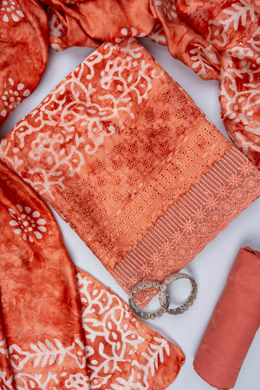 Copper Cutwork, Sequence & Threadwork Cotton Unstitched Salwar Suit With Cotton Dupatta