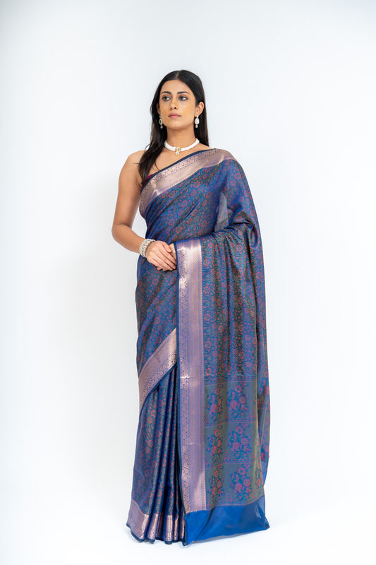 Midnight Hues Navy Banarasi Silk Saree With Unstitched Blouse