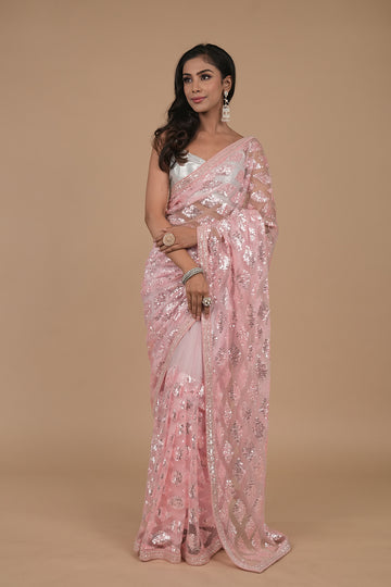 Pink Sequence Embroidered Net Saree With Unstitched Blouse