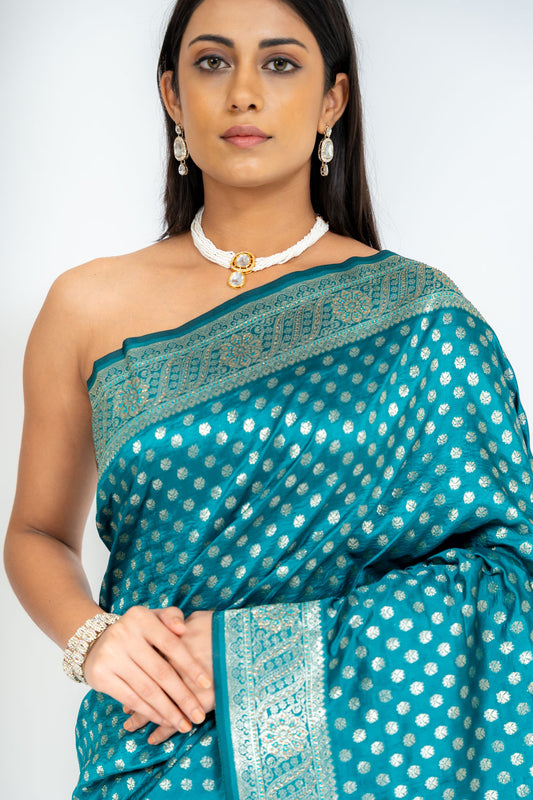 Soft Hues Rama Dola Saree With Unstitched Blouse
