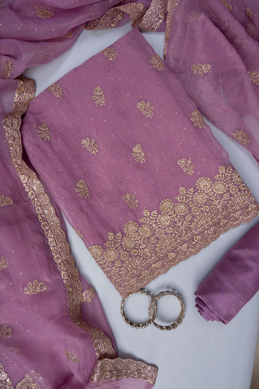 Mauve Swarovski, Zarkan & Zari Threadwork Shimmer Unstitched Salwar Suit With Shimmer Dupatta