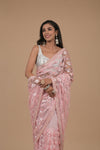 Pink Sequence Embroidered Net Saree With Unstitched Blouse