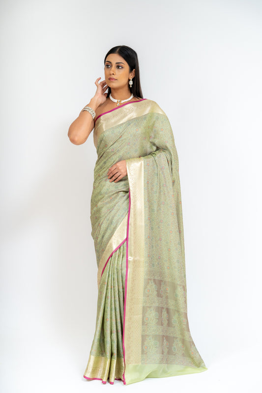 Wrapped In Elegance Pista Banarasi Silk Saree With Unstitched Blouse