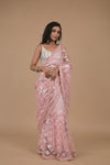 Pink Sequence Embroidered Net Saree With Unstitched Blouse