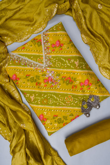 Pista Bead, Cutdana, Dabka, Sequence, Zarkan & Digital Printed Cotton Unstitched Salwar Suit With Cotton Dupatta