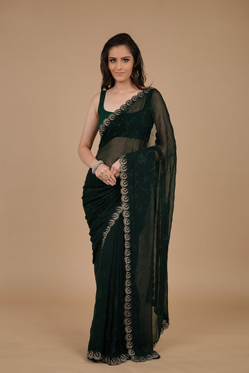 Bottle Green Swarovski Embroidered Georgette Saree With Unstitched Blouse