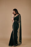 Bottle Green Swarovski Embroidered Georgette Saree With Unstitched Blouse