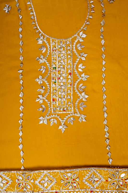 Mustard Gotta Patti Organza Unstitched Salwar Suit With Organza Dupatta