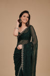 Bottle Green Swarovski Embroidered Georgette Saree With Unstitched Blouse