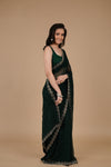 Bottle Green Swarovski Embroidered Georgette Saree With Unstitched Blouse