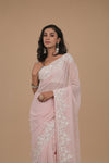 Pink Sequence Embroidered Georgette Designer Saree With Unstitched Blouse