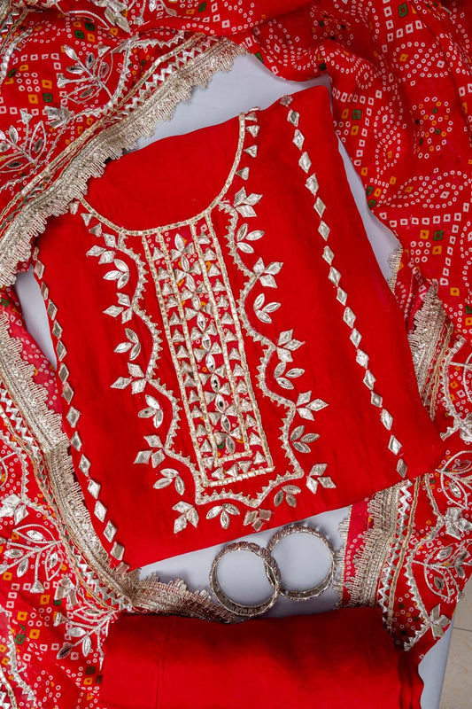 Red Gotta Patti Organza Unstitched Salwar Suit With Organza Dupatta