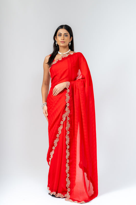 Grace Redefined Red Shimmer Saree With Unstitched Blouse