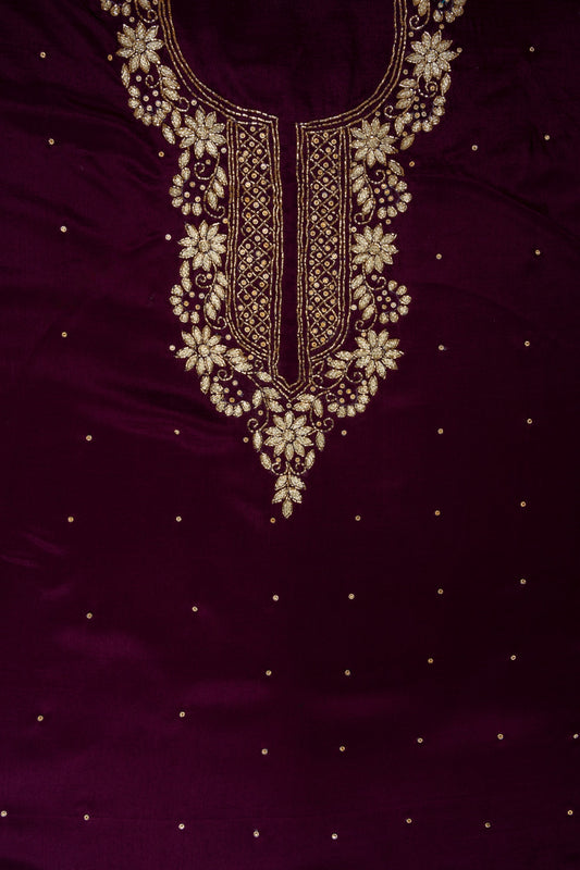 Wine Cutdana, Chandla & Gotta Patti Crepe Unstitched Salwar Suit With Chiffon Dupatta