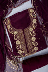 Wine Cutdana, Chandla & Gotta Patti Crepe Unstitched Salwar Suit With Chiffon Dupatta