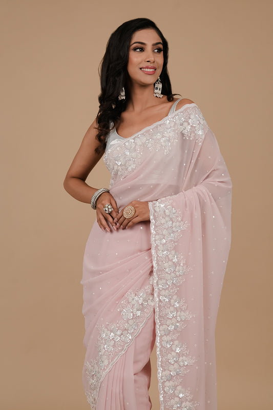 Pink Sequence Embroidered Georgette Designer Saree With Unstitched Blouse