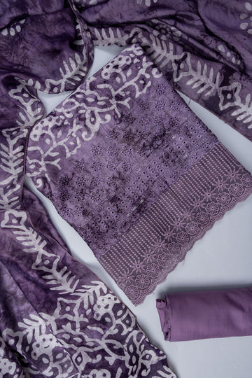 Mauve Cutwork, Sequence & Threadwork Cotton Unstitched Salwar Suit With Cotton Dupatta