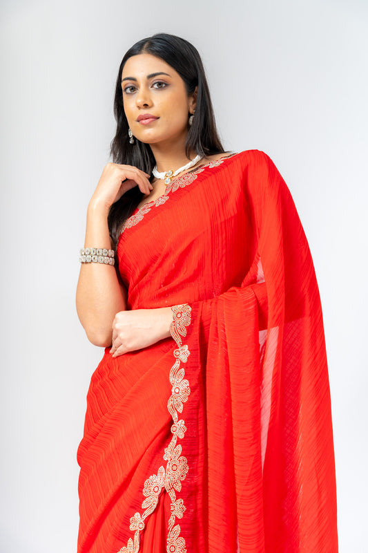 Grace Redefined Red Shimmer Saree With Unstitched Blouse