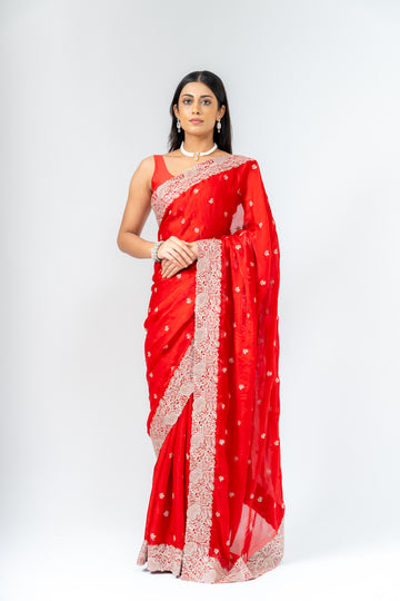 Grace Redefined Red Shimmer Saree With Unstitched Blouse