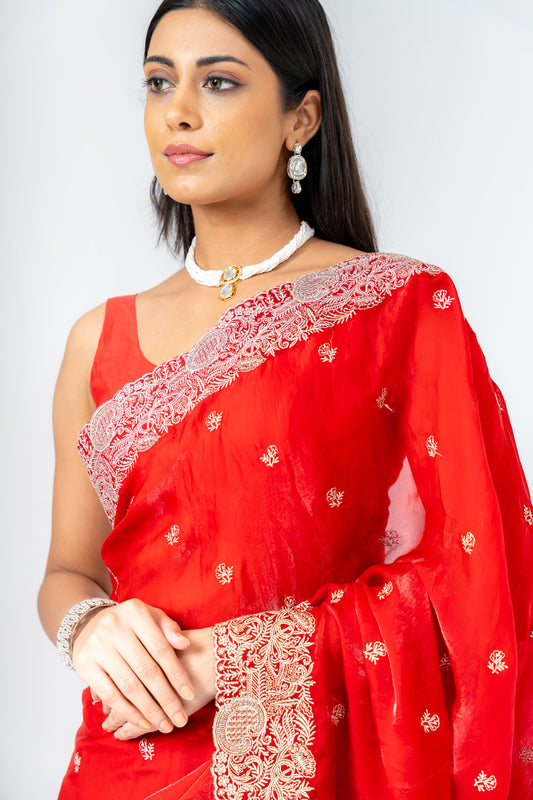 Grace Redefined Red Shimmer Saree With Unstitched Blouse