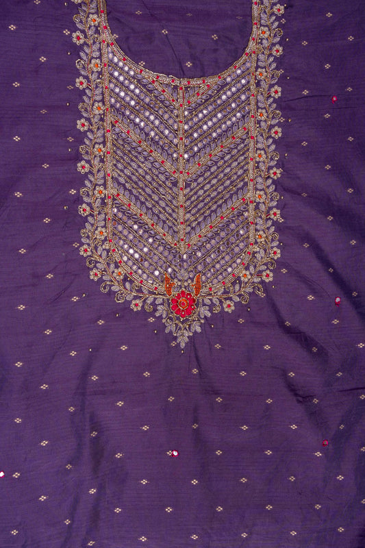 Mauve Bead, Cutdana, Dabka, Sequence & Zari Threadwork Cotton Unstitched Salwar Suit With Cotton Dupatta