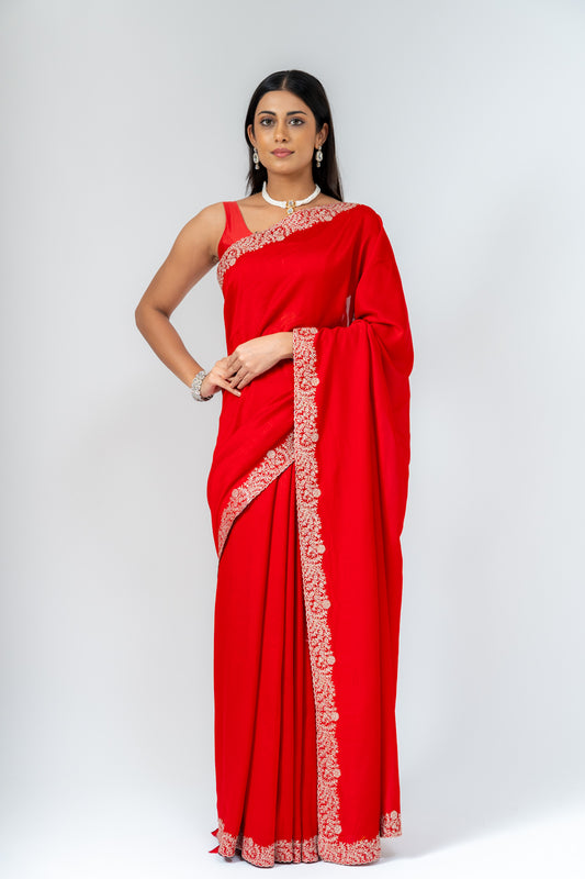 Grace Redefined Red Shimmer Saree With Unstitched Blouse