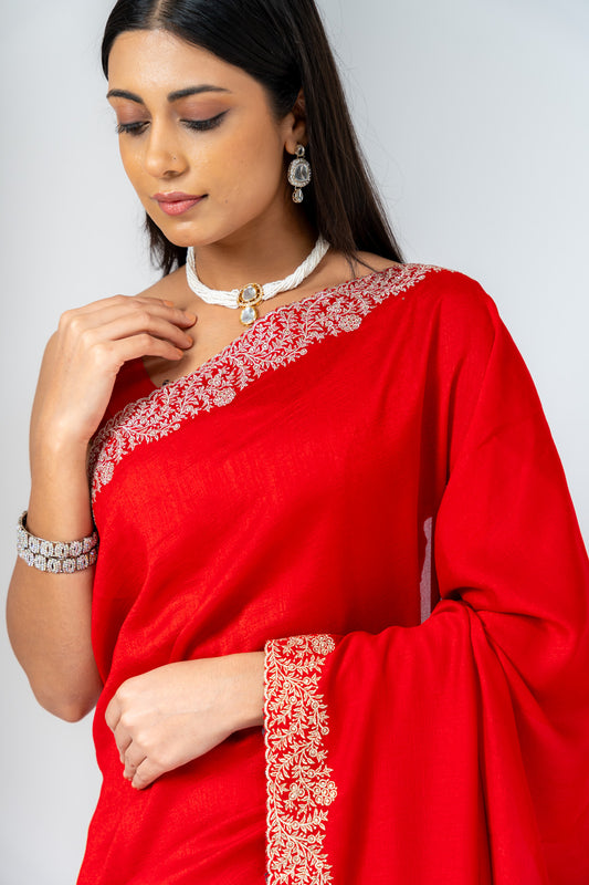 Grace Redefined Red Shimmer Saree With Unstitched Blouse