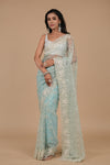 Tea-green Threadwork, Embroidery, Zarkan & Sequence Net Saree With Unstitched Blouse