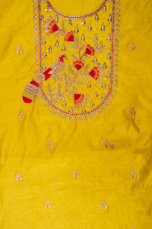 Lemon Gold Bead, Cutdana, Dabka, Sequence & Zari Threadwork Cotton Unstitched Salwar Suit With Cotton Dupatta