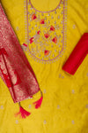 Lemon Gold Bead, Cutdana, Dabka, Sequence & Zari Threadwork Cotton Unstitched Salwar Suit With Cotton Dupatta