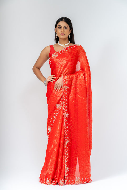 Grace Redefined Red Shimmer Saree With Unstitched Blouse