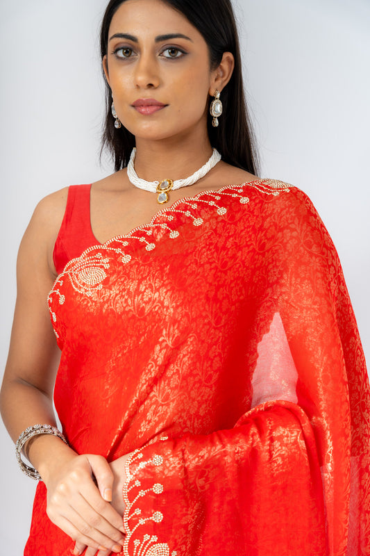 Grace Redefined Red Shimmer Saree With Unstitched Blouse