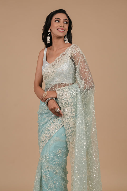 Tea-green Threadwork, Embroidery, Zarkan & Sequence Net Saree With Unstitched Blouse