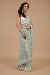 Tea-green Threadwork, Embroidery, Zarkan & Sequence Net Saree With Unstitched Blouse