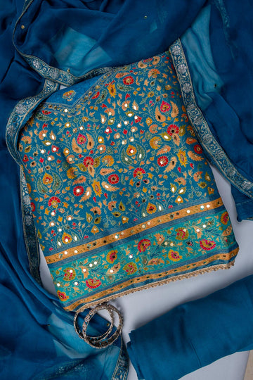 Dark Firozi Banarasi Woven Zari & Mirrorwork Cotton Unstitched Salwar Suit With Chiffon Dupatta