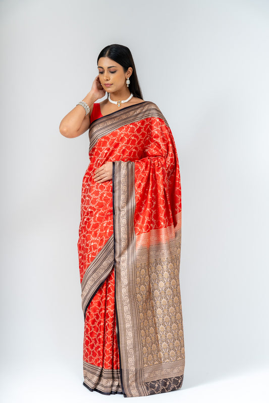 Grace Redefined Red Banarasi Silk Saree With Unstitched Blouse