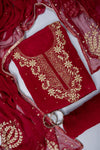 Maroon Cutdana, Chandla & Gotta Patti Crepe Unstitched Salwar Suit With Chiffon Dupatta