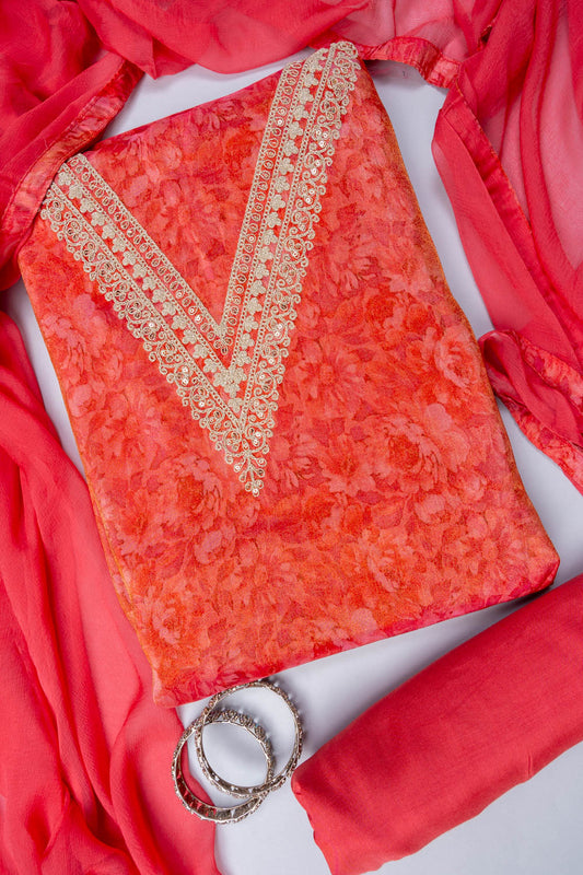 Coral Sequence, Zari Threadwork & Digital Printed Tissue Unstitched Salwar Suit With Chiffon Dupatta