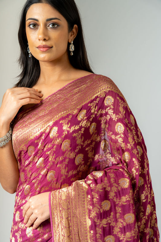 Regal And Radiant Garnet Khaddi Georgette Saree With Unstitched Blouse