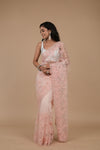 Peach Threadwork, Embroidery, Sequence Net Saree With Unstitched Blouse