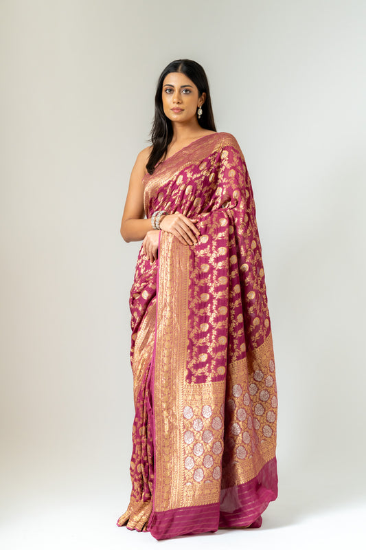 Regal And Radiant Garnet Khaddi Georgette Saree With Unstitched Blouse