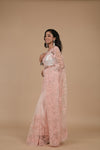 Peach Threadwork, Embroidery, Sequence Net Saree With Unstitched Blouse