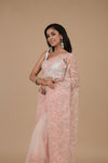 Peach Threadwork, Embroidery, Sequence Net Saree With Unstitched Blouse