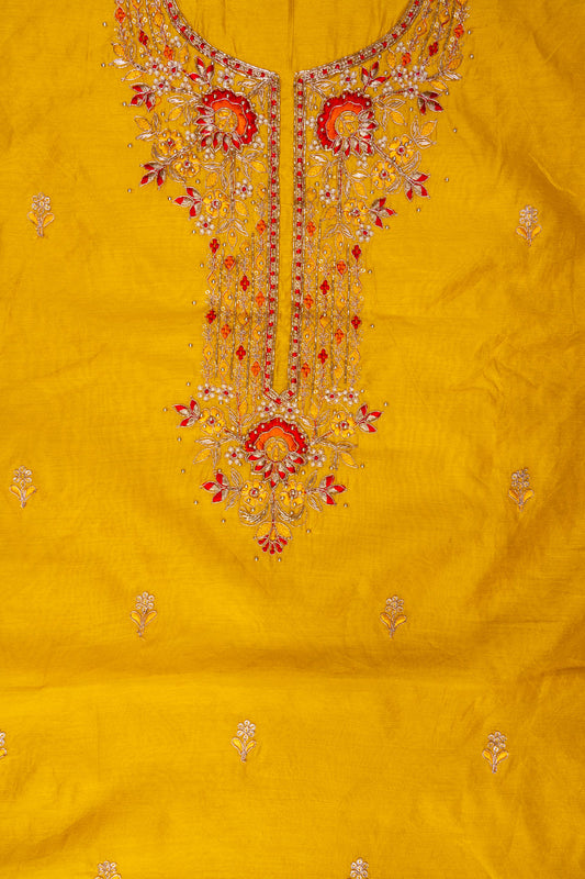 Mango Gold Bead, Cutdana, Dabka, Sequence, Zarkan & Threadwork Cotton Unstitched Salwar Suit With Cotton Dupatta