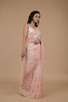 Peach Threadwork, Embroidery, Sequence Net Saree With Unstitched Blouse